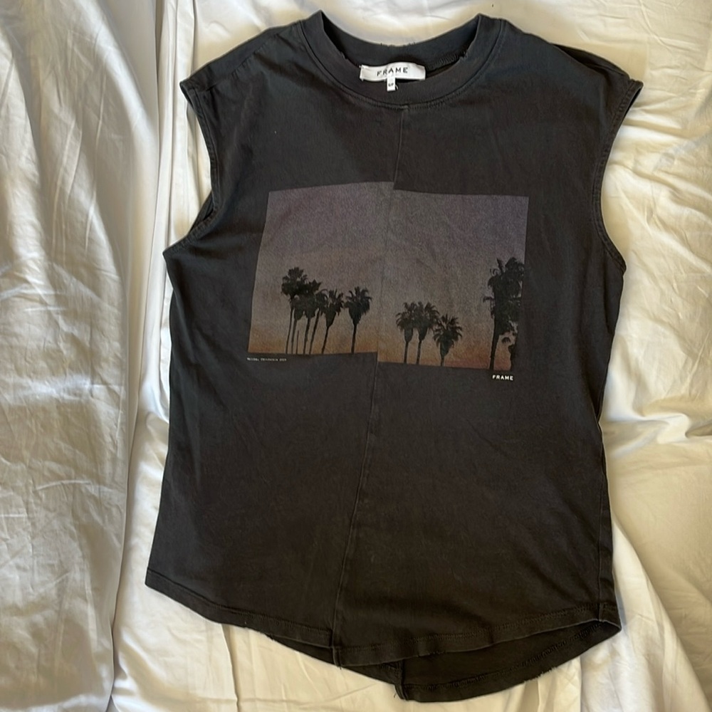 FRAME distressed palm tree tank top